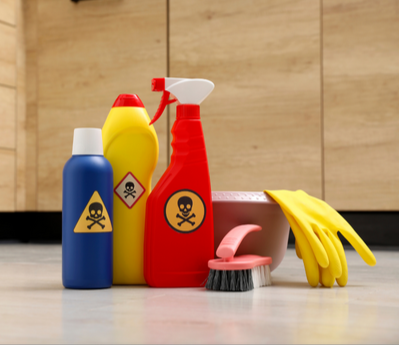 Picture of cleaning bottles with toxic symbol on them representing Household Hazardous Waste